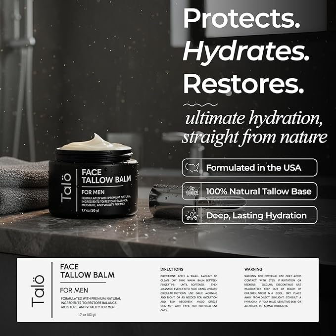 Talö Beef Tallow Moisturizer for Men | Natural Grass Fed Beef Tallow for Face | Rich in Vitamins w/No Fillers & Synthetics | Anti-Aging Face Cream for Dry & Sensitive Skin | 1.7fl. oz jar