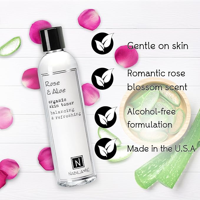 Nabila K Rose & Aloe Organic Skin Toner, Soothing, Refreshing, Hydrating, All Natural, Alcohol-Free, Hypoallergenic, 2.4oz