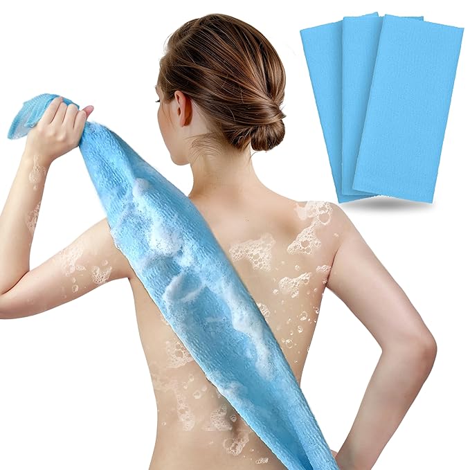 ARCH&M Exfoliating Body Towel (3 Pack) for Glowing, Silky-Smooth Skin - Japanese Beauty Washcloth for Deep Exfoliation & Improved Circulation in the Shower (Blue x 3)