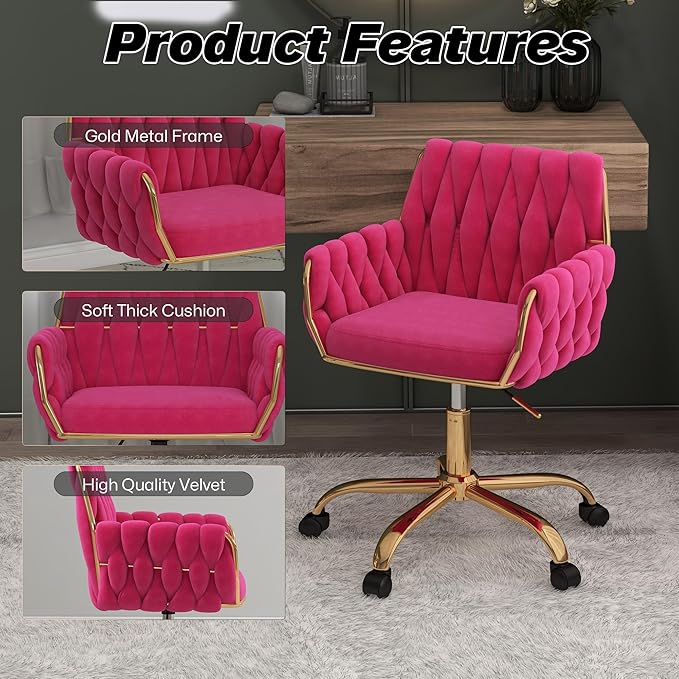 Woven 360°Swivel Desk Chair, Velvet Height Adjustable Home Office Armchair with Golden Base for Teens Women Girls, Upholstery Computer Chair for Home Studios and Office, Woven & Hot Pink