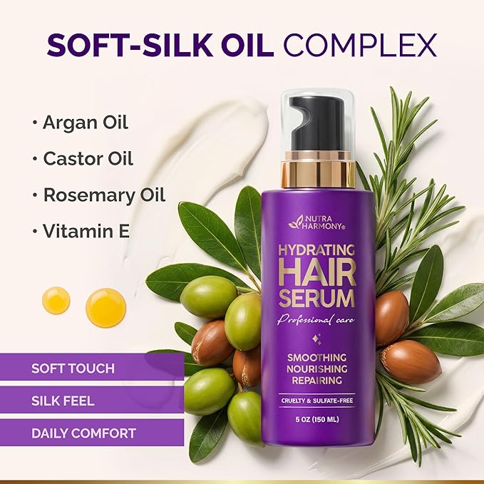 Hydrating Hair Serum for Dry & Frizzy Hair, Lightweight Leave-In Anti-Frizz Treatment, Non-Greasy Split Ends Repair with Keratin, Biotin, Castor & Rosemary Oils, Smooth Shine & Heat Protection, 2 Pack