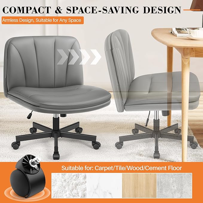 FelixKing Criss Cross Chair with Wheels, Cross Legged Office Chair, Armless Wide Vanity Desk Chair with Comfty PU Leather & Back - Swivel Height Ajustable for Home Office Bedroom, Gray