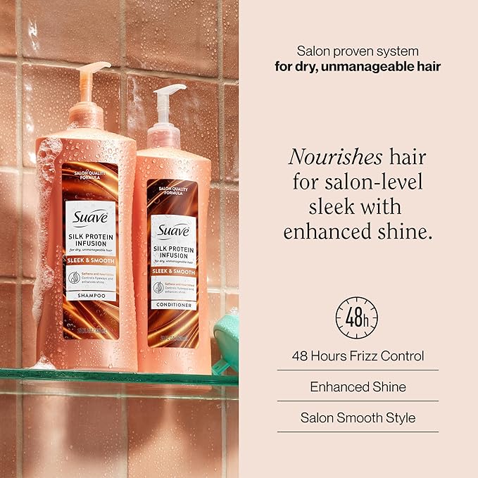 Suave Silk Protein Infusion Sleek & Smooth Conditioner for Dry, Unmanageable Hair, Anti Humidity & 48HR Frizz Control, Enhances Shine & Detangles, 28 FL OZ Pump, 4 Count