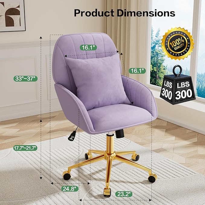 Home Office Desk Chair Comfy with Adjustable Swivel Wheels, Modern Velvet Makeup Vanity Chair with Back & Pillow, Ergonomic Office Chair Computer Task Chair for Living Room, Bedroom, Purple