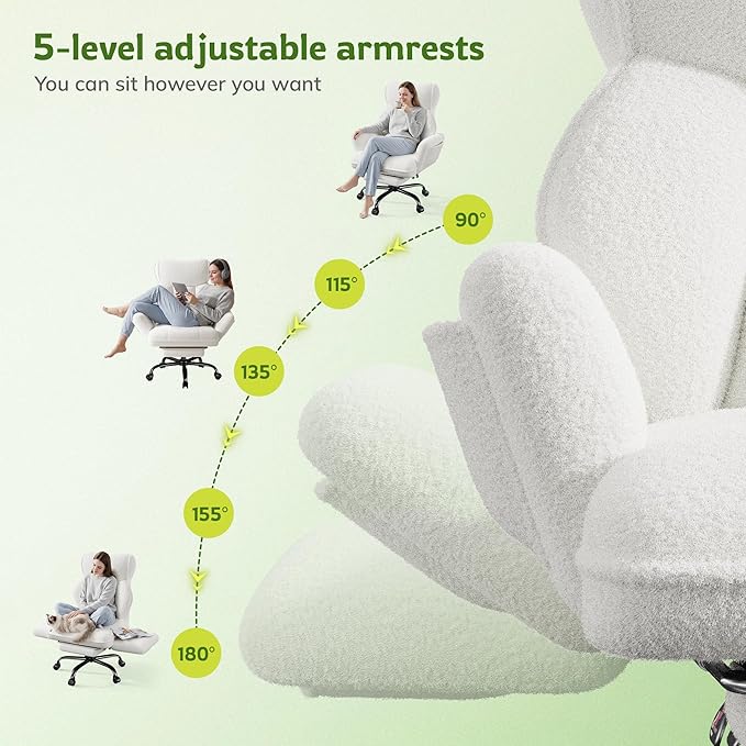 Big and Tall Office Chair with Adjustable Arms and Back, Ergonomic Office Chair with Footrest and Comfortable Fabric for Home Office, Bedroom,White