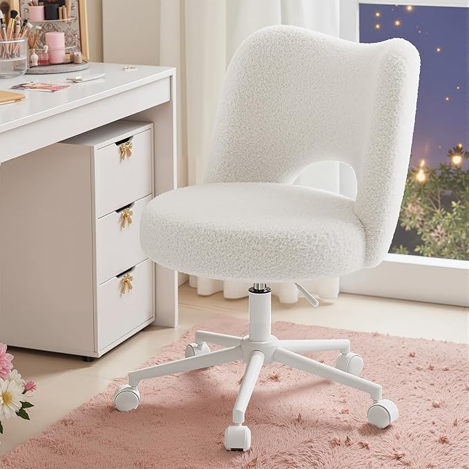 Vanity Chair with Wheels Armless, White Vanity Chair with Back,Ultra-Plush Fleece Cute Desk Chair, Small Office Chair Height Adjustable,for Make-up Room,Bedroom