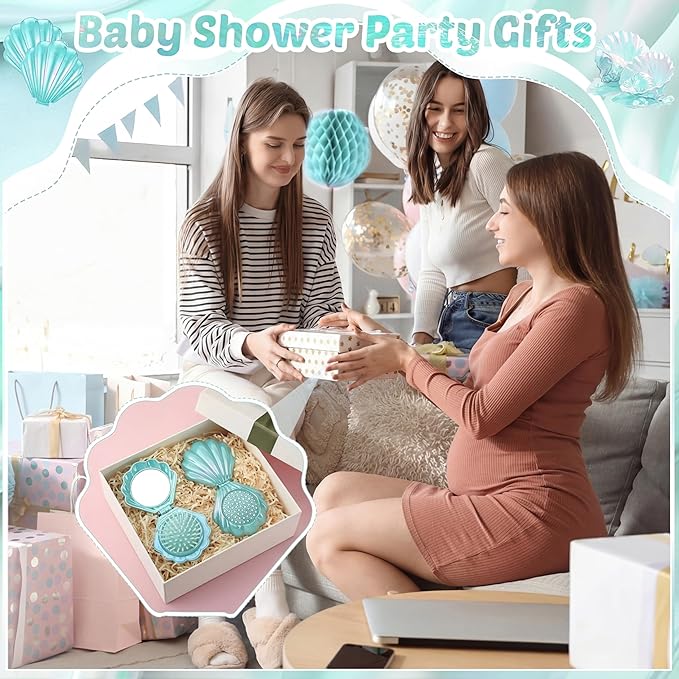 Meanplan 12 Pcs Mermaid Party Favors Shell Hair Brush with Mirror Foldable Mini Travel Pocket Hair Brush Compact Makeup Comb for Women Girls Valentines Day Birthday Gifts(Cyan)