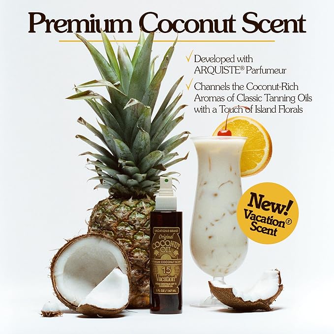Vacation Coconut Oil SPF 15 & Air Freshener Bundle, Lightweight Sunscreen Oil Spray, Transparent On All Skin Tones, Hydrating & Nourishing, Non-Greasy Finish, 5 Fl. Oz.
