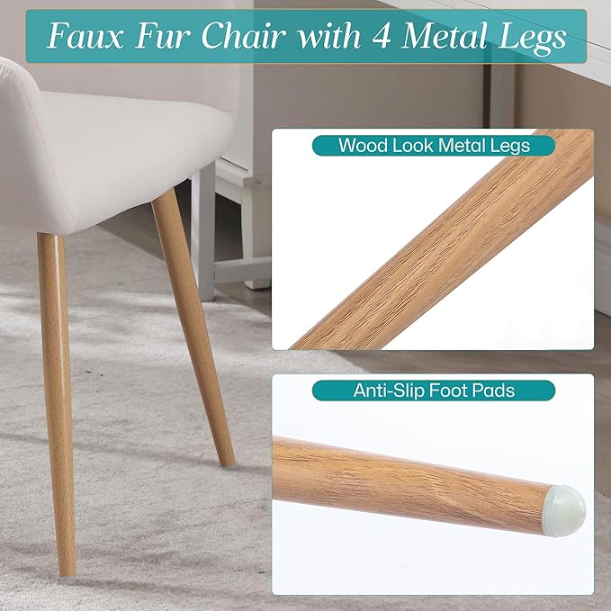 Home Office Velvet Desk Chair, Makeup Vanity Chair, Comfy Accent Armchair with Wood Grain Metal Legs, Cute Dining Chair with Hollowed Back, Beige