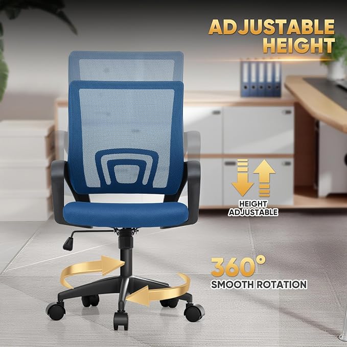 Magshion Ergonomic Office Desk Chair, Mid-Back Mesh Computer Chair, Swivel Chair with Breathable Backrest & Lumbar Support, Adjustable Height for Gaming, Work, Study, 300 Lbs Capacity, Navy Blue