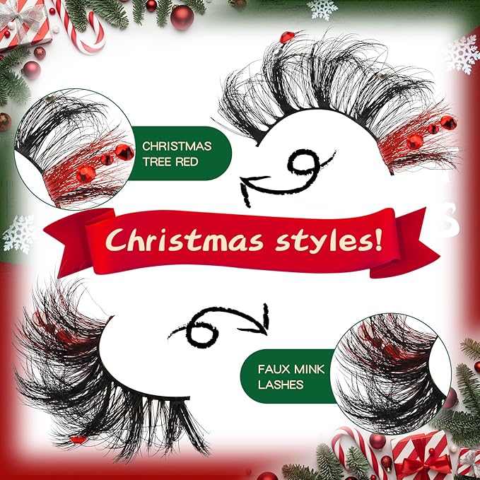 Veleasha Christmas LE Lashes Dramatic Eyelashes with Diamonds Cat Eye Lashes Colored False Eyelashes Fluffy Faux Mink Lash with Glue & Tweezers Look Like Lash Extensions (Christmas LE)