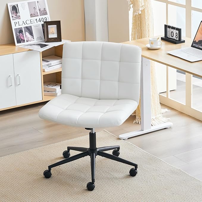 Furnimart Swivel Criss Cross Legged Chair with Wheels for Home Office, Wide Armless Desk Chair Height Adjustable Comfy Seat for Desk,Vanity, Bedroom, PU Ivory White