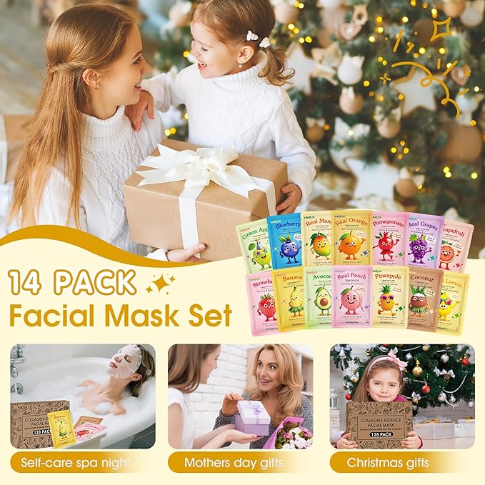 126 Pack Sheet Hydrating Face Masks Skincare for Women, Bulk Fruit Face Mask Skin Care for Kids, Facial Masks Set for All Skin Types, Easter Basket Stuffers, Spa Party Supplies for Girls Teens