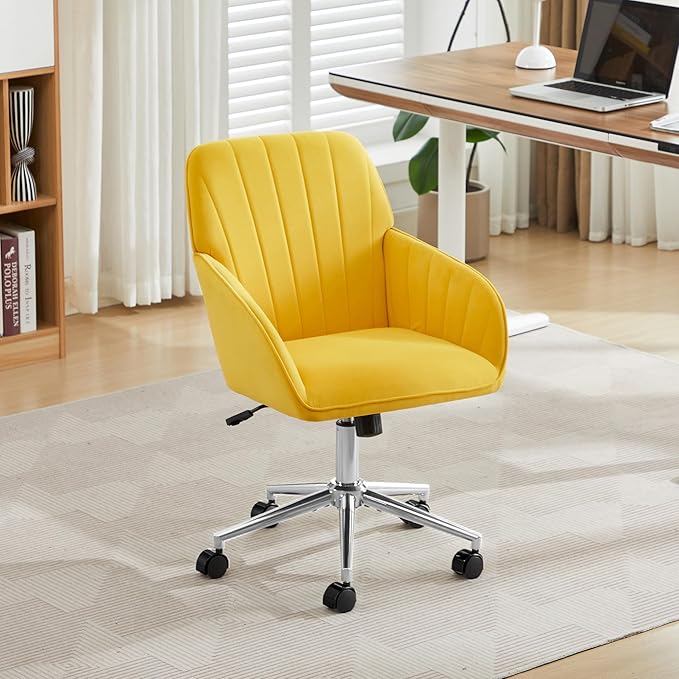 YITAI Velvet Office Desk Chair with Silver Foot Base, with Wheels,Modern Height Adjustable 360 Degree Swivel Upholstered Vanity Chairs with Arms for Living Room Bedroom,Yellow