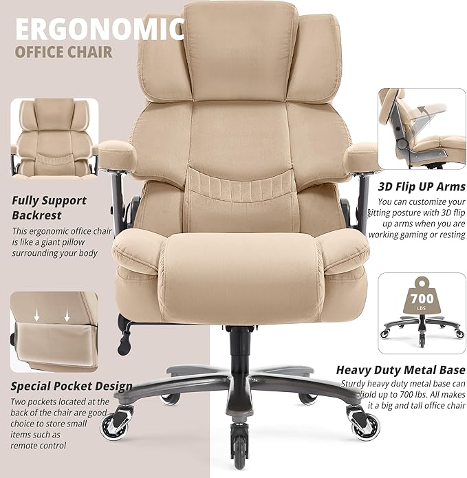 Big and Tall Office Chair 700lbs- Fabric High Back Executive Computer Chair with Adjustable Lumbar Support 3D Flip Arms Plus Size Rubber Wheels- Extra Wide Large Desk Chairs, Heavy Duty Metal Base