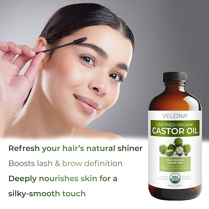 velona USDA Certified Organic Castor Oil – 16 fl oz in Glass Bottle | Cold-Pressed, Hexane-Free, USP Grade | Promotes Hair Growth, Eyelash & Eyebrow Enhancement | Bottled in USA