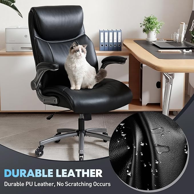 Ergonomic PU Leather Executive Office Chairs, High-Back Home Computer Chair with Lumbar Support, Flip-Up Arms, Black
