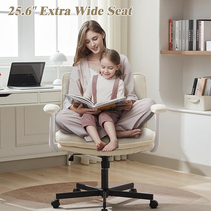 Criss Cross Legged Office Chair with Wheels and Flip-Up Arms, Upholstered Criss Cross Desk Chair, Wide Seat Chairs for Home Office, Vanity, Apartment, Beige