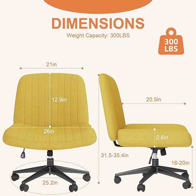 Shintenchi Criss Cross Chair,Cross Legged Office Seat with Wheels Armless Swivel Vanity Chair,Height Adjustable Wide Computer Task Seating for Home Office,Yellow ﻿