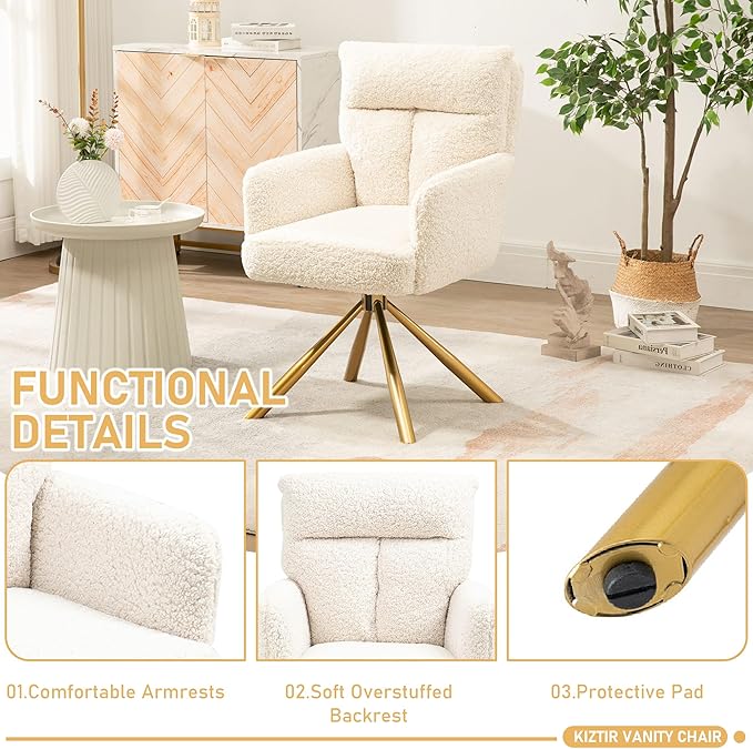 Kiztir Vanity Chair No Wheels Upholstered Teddy Vanity Chair with Back Gold Metal Criss Cross Home Office Desk Chair Boucle Accent Chair Modern Reading Chair Armchair for Living Room, Bedroom (Beige)