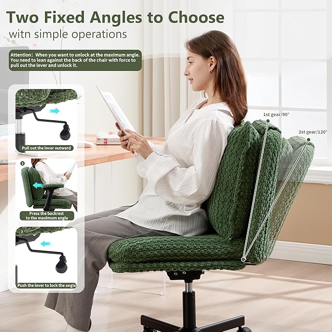Fizzin Criss Cross Chair,Armless Cross Legged Chair with Wheels,Memory Foam Seat Office Desk Chair with Flipable Back Cushion,Mid Back Swivel Chair for Home Office,Bedroom Vanity (Green)