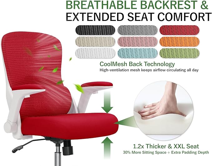 Office Chair Ergonomic Desk Chair Comfy: 400LBS Mesh Computer Chair Ergonomic Gaming Chairs with Wheels Adjustable Lumbar Support and Flip up Armrest-Swivel Executive Chairs Long Hours(Red)