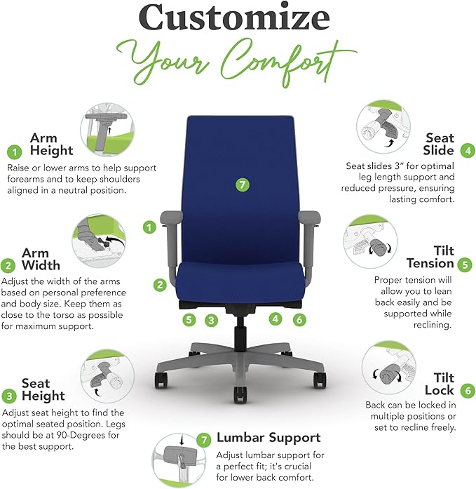 HON Ignition 2.0 Mid Back Task Chair, Spectrum Mesh, Advanced Synchro-Tilt Control, Office Chair with Lumbar Support, Height and Width Adjustable Arms, Titanium Frame, Cobalt