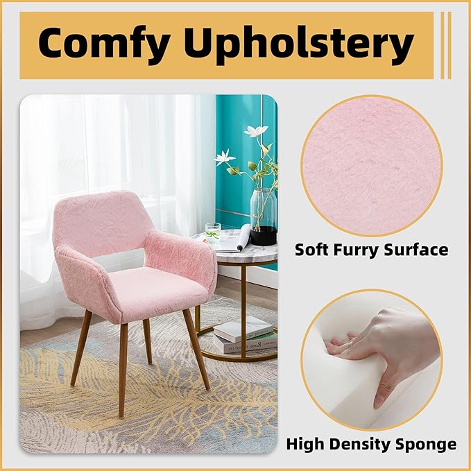 Furry Desk Chair Set of 2, Modern Home Office Chair Without Wheels, Faux Fur Vanity Chair with Hollow Backrest, Comfy Armchair Wood Frame with Strudy Metal Legs, Pink