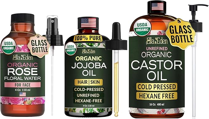 Ella & Eden Organic Rose Water Spray 4oz, Jojoba Oil 4oz, Castor Oil 16oz | Hexane-Free, Cold-Pressed, Unrefined, USDA Certified, 100% Pure | for Face, Skin, Hair