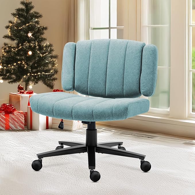 Blue Criss Cross Office Chair with Wheels, Ergonomic Wide Seat Vanity & Dressing Table Chair, Adjustable Arms Swivel Rolling Desk Chair for Women, Comfortable Cross-Legged Support