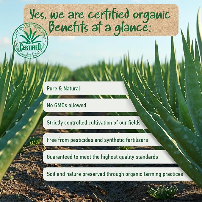 Aloe Vera Gel Organic - FROM PURE ALOE LEAF JUICE - Vegan | 100% Natural & Unscented - Certified Organic - Made in Germany - Moisturizer - For Face, Skin, Hair, Sunburn relief