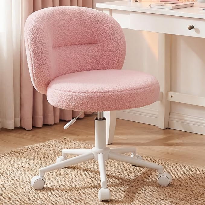 Small Round Vanity Chair, Armless Home Office Desk Chairs with Back, Height Adjustable & 360° Swivel, Cute Comfy Vanity Computer Chair for Bedroom, Home Office, Pink