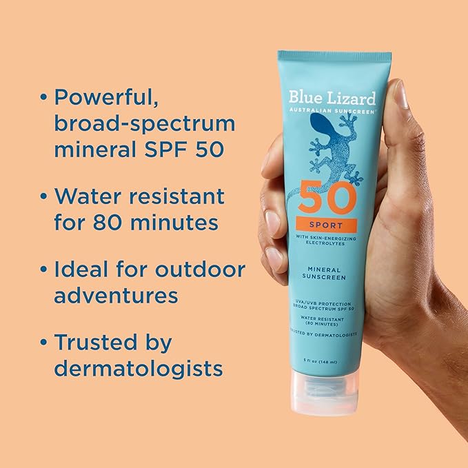 Blue Lizard Sport Mineral SPF 50 Lotion, Ideal for Athletes, 100% Mineral Sunscreen Actives, Fragrance-Free, Paraben-Free, Vegan, 5 fl oz