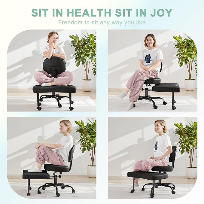 GUNJI Ergonomic Criss Cross Legged Office Chair, 360° Swivel Meditation Kneeling Chair with Wheels, ADHD Chair with Footrest, Lumbar Support, Wider Height Adjustable Seat (Black, Faux Leather)