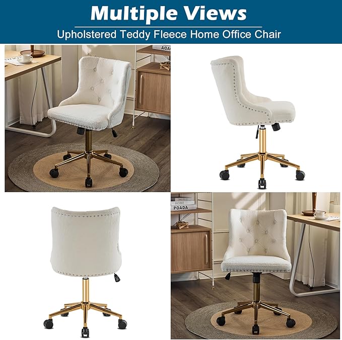 VINGLI White Teddy Fleece Armless Office Desk Chair with Gold Base/Wheels, Cute Vanity/Makeup Chair with Back for Bedroom, Upholstered Adjustable Rolling Swivel Nail Chair for Women/Girls
