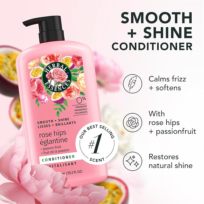 Herbal Essences Conditioner, Rose Hips + Passionfruit - Smooth Collection, Shiny Hair with Vitamin E & Jojoba, Safe for Color Treated Hair, Floral Scent, Cruelty-Free, Dermatologist-Tested, 29.2 Fl Oz