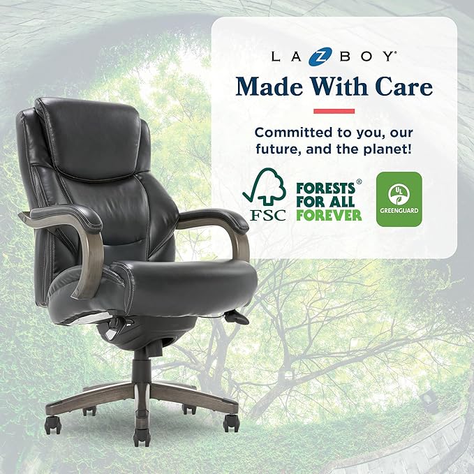 La-Z-Boy Delano Big and Tall Executive Office Chair - Ergonomic Lumbar Support Memory Foam - Bonded Leather Desk Chair for Home Office - Weathered Grey Wood Arms - Black