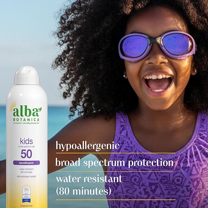 Alba Botanica Kids Sunscreen Spray for Face and Body, Tropical Fruit, Broad Spectrum SPF 50, Water Resistant, 5 fl. oz. Bottle