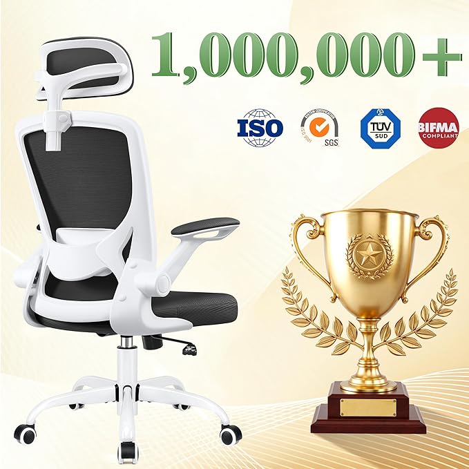 Office Chair Ergonomic Desk Chair, Breathable Mesh Office Chairs with Adjustable Lumbar Support, Flip-Up Arms, Computer Desk Chair Comfy for Home Office, White