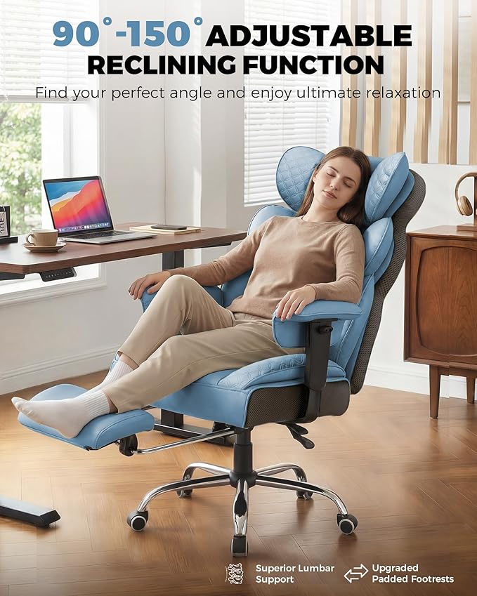 COMHOMA Big and Tall Office Chair with Upgrade Footrest, Heavy Duty Gaming Chair High Back Executive Chair with Spring Lumbar Support for Lower Back Pain Relief, 150°Reclining Adjustable Armrests
