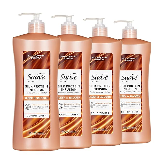 Suave Silk Protein Infusion Sleek & Smooth Conditioner for Dry, Unmanageable Hair, Anti Humidity & 48HR Frizz Control, Enhances Shine & Detangles, 28 FL OZ Pump, 4 Count