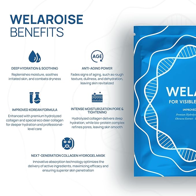 Welaroise Bio Protein Collagen Hydrogel Deep Face Mask +35% More Collagen, Intense Hydration & Moisturization, Firming, Anti-Aging, Skin Renewal, Korean Skincare (Pack of 5)