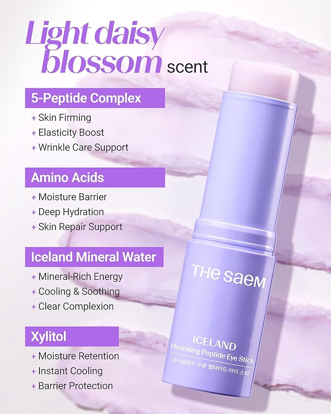 THESAEM Iceland Hydrating Eye Stick Bundle - 2 Pack (Hydrating + Peptide) 0.38 oz each - Cooling Balm for Dark Circles, Puffiness & Wrinkles - Under Eye Treatment with Niacinamide & 5-Peptide Complex