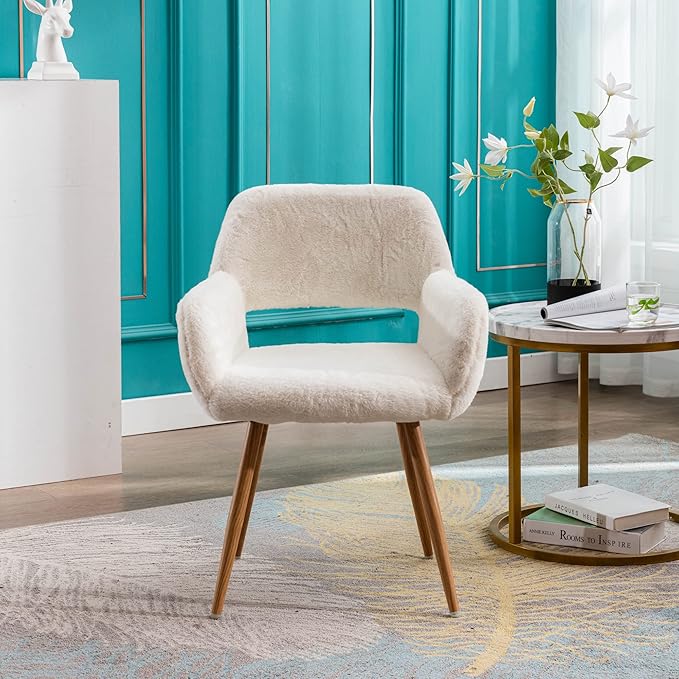 KCC Furry Desk Chair, Mid-Century Modern Accent Comfy Armchair with Faux Fur for Teen Girls, Wood Look Metal Legs Living Dining Room, Home Vanity Makeup Office No Wheel, White.