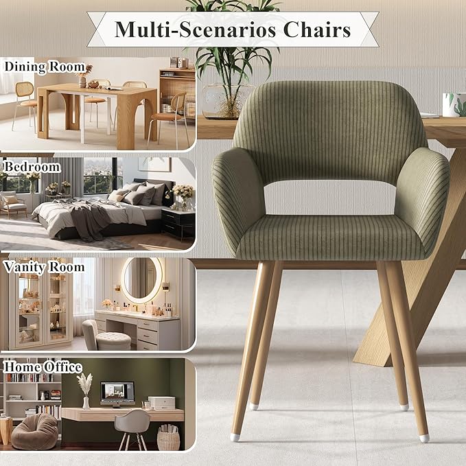 Home Office Desk Chair Set of 4, Corduroy Fabric Vanity Chair for Makeup with Hollow Backrest, Comfy Armchair Wood Frame with Strudy Metal Legs, Dark Green