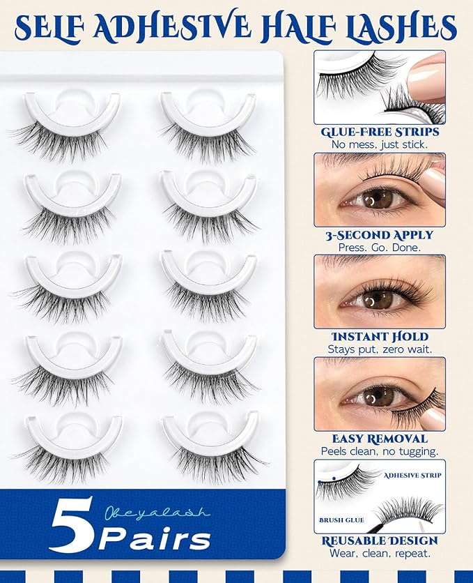 Obeyalash Waterproof Self Adhesive Eyelashes,Half Eyelashes 6-14mm, 5 Pairs Natural Look Stick on False Eyelashes, No Glue Needed, Wispy Glueless Lashes Reusable and Comfortable (M874)
