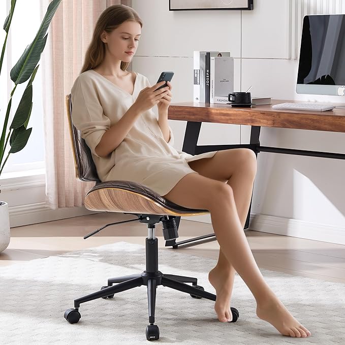 Walnut Bentwood Mid Back Armless Office Chair 1 Pack, Adjustable Height PU Leather Swivel Desk Chair with Wheels, Rolling Computer Task Chair for Home Office, Study, Meeting Room