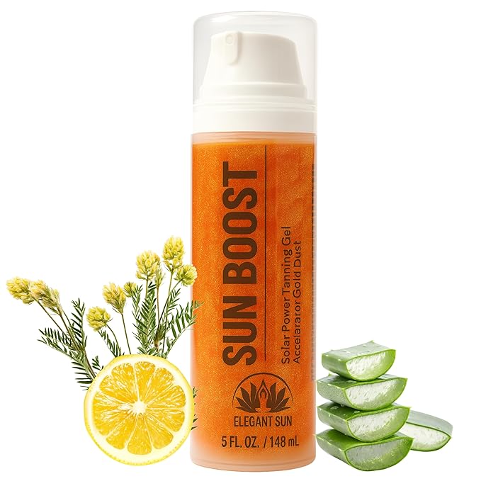 Sun Boost Dark Tanning Accelerator Gel with Gold Mineral Shimmer Dust for Indoor Tanning Bed or Outdoor Solar Use, Aloe Based Hydrating Viral Formula, 5 fl oz
