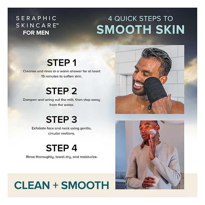 Seraphic Skincare Men Ultimate Exfoliating Facial Mitt – 100% Vegan Dual-Sided Face Mitten with Viscose & Washcloth – Facial Scrub Pad for Gentle Cleansing & Exfoliation – Natural Dead Skin Remover