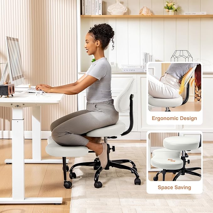 Cross Legged Office Chair, Criss Cross Desk Chair ADHD Meditation Kneeling Yoga Seat with Adjustable Height, Lumbar Support, Wider Footrest and Wheels (White)